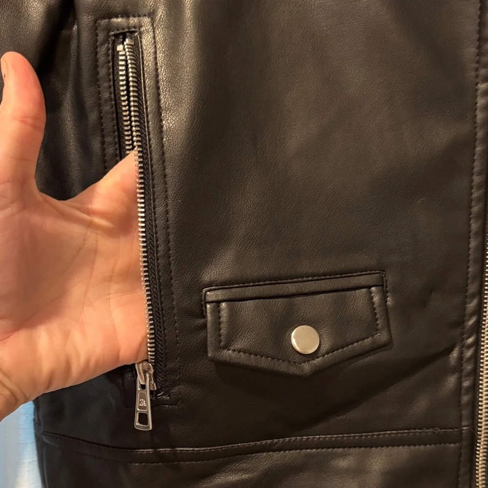 Zara Youth Jet Black Leather Biker Jacket - Picture 3 of 5